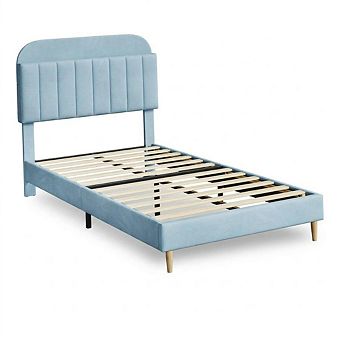 Bed Frame with Upholstered Storage Headboard & Bookshelf, Velvet Platform Mattress Foundation