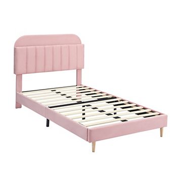 Bed Frame with Upholstered Storage Headboard & Bookshelf, Velvet Platform Mattress Foundation