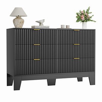 6 Drawer Fluted Dresser, Modern Wooden Chest of Drawers with Metal Handle, Clothes Storage Organizer