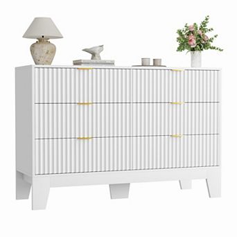 6 Drawer Fluted Dresser, Modern Wooden Chest of Drawers with Metal Handle, Clothes Storage Organizer