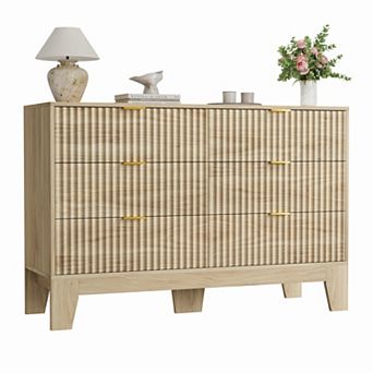 6 Drawer Fluted Dresser, Modern Wooden Chest of Drawers with Metal Handle, Clothes Storage Organizer