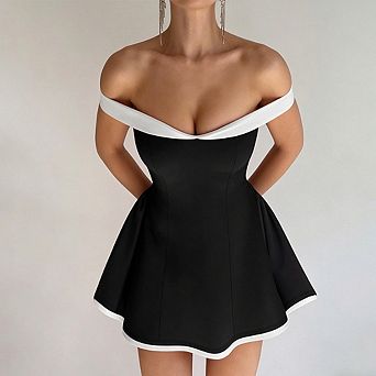 Women's Off-Shoulder A-Line Mini Dress Contrast Trim Bodycon Elegant Party Dress
