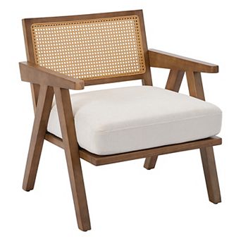 Mid-Century Farmhouse Accent Chair - Wood, Rattan Back, Linen Cushion, Easy Assembly