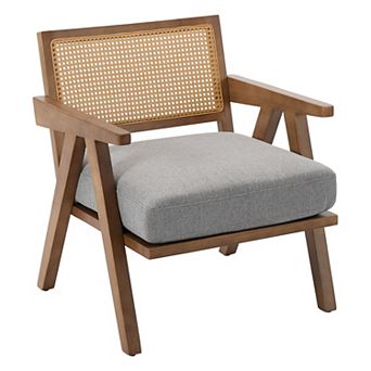 Mid-Century Farmhouse Accent Chair - Wood, Rattan Back, Linen Cushion, Easy Assembly