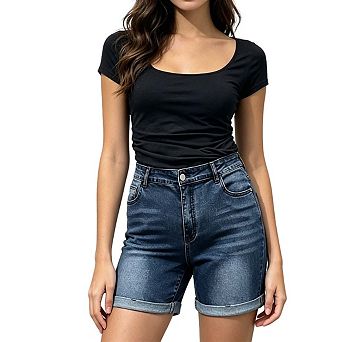 Womens High Waistband Cuffed Denim Shorts Casual Fit Stretchy Casual Shorts