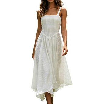 Women's Spaghetti Strap Midi Dress Square Neck Flowy High Low Hem Casual Summer A Line Dresses