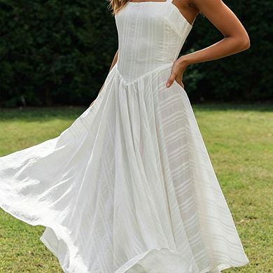 Women's Spaghetti Strap Midi Dress Square Neck Flowy High Low Hem Casual Summer A Line Dresses