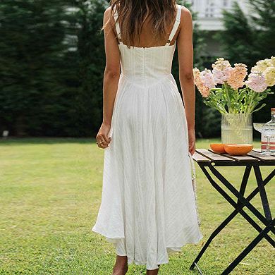 Women's Spaghetti Strap Midi Dress Square Neck Flowy High Low Hem Casual Summer A Line Dresses