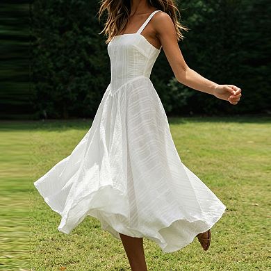 Women's Spaghetti Strap Midi Dress Square Neck Flowy High Low Hem Casual Summer A Line Dresses
