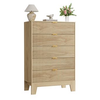 5 Drawer Fluted Dresser 47“ Tall Wooden Chest of Drawers with Metal Handle, Clothes Storage
