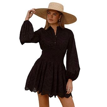 Womens Embroidered Eyelet Mini Dress Slim Long Puff Sleeve Pleated Button V Neck Short Shirt Dress