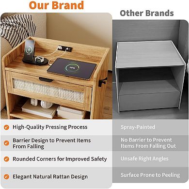 Modern Boho Rattan bedside table with Charging Station Storage Shelf End Table with Power Outlet