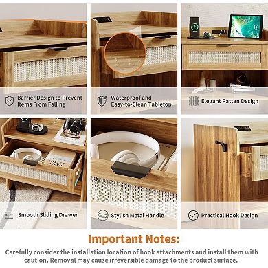 Modern Boho Rattan bedside table with Charging Station Storage Shelf End Table with Power Outlet