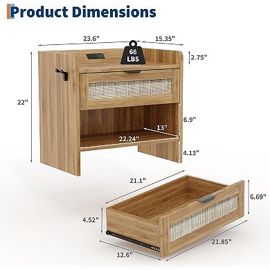 Modern Boho Rattan bedside table with Charging Station Storage Shelf End Table with Power Outlet