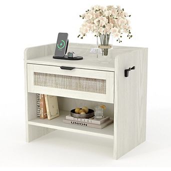 Modern Boho Rattan bedside table with Charging Station Storage Shelf End Table with Power Outlet