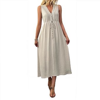 Women's Solid Color v-Neck Sleeveless Pleated Dress with Pockets