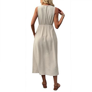 Women's Solid Color v-Neck Sleeveless Pleated Dress with Pockets