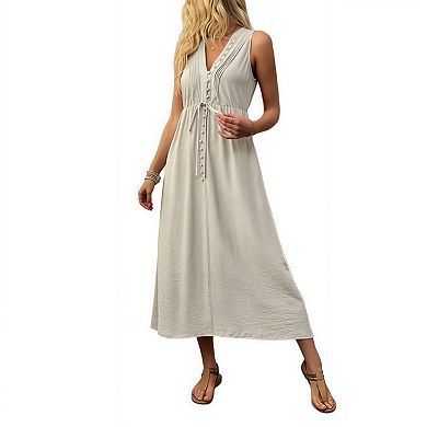 Women's Solid Color v-Neck Sleeveless Pleated Dress with Pockets