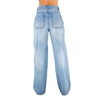 Women’s Mid-Rise Vintage Jeans Distressed Wide Leg Denim Bottoms