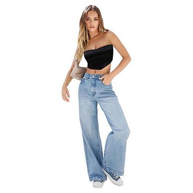Women’s Mid-Rise Vintage Jeans Distressed Wide Leg Denim Bottoms