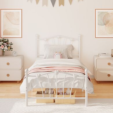 Twin Heart-Shaped Metal Bed Frame with Headboard & Footboard, Sturdy Slats, Underbed Storage