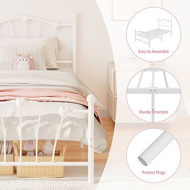 Twin Heart-Shaped Metal Bed Frame with Headboard & Footboard, Sturdy Slats, Underbed Storage