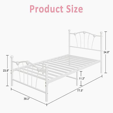 Twin Heart-Shaped Metal Bed Frame with Headboard & Footboard, Sturdy Slats, Underbed Storage