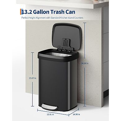 13Gal/50L Step-On Trash Can, Stainless Steel, Soft Close Lid, Inner Bucket & Rear Handle