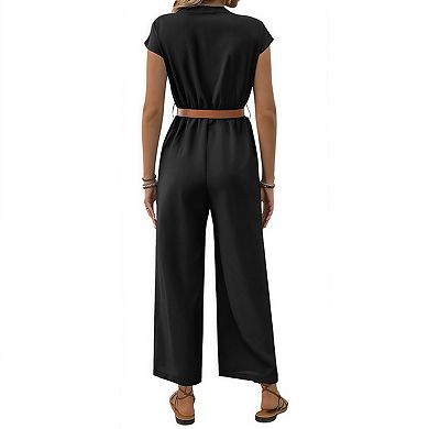 Women's Elegant Solid Color Stand Collar Straight Jumpsuit Casual Commuting Style