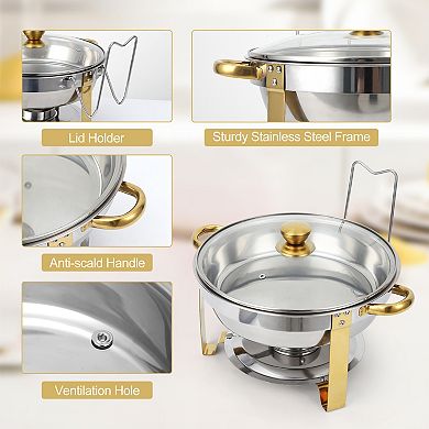 5QT Chafing Dish Set, Round Stainless Steel Buffet Server & Warmer with Glass Lid & Lid Holder