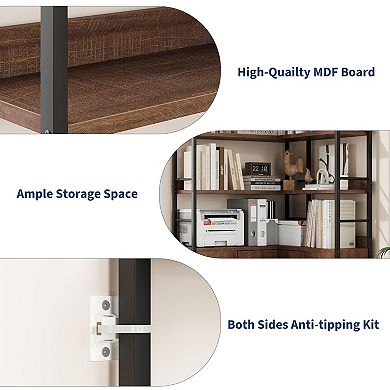6-Tier Corner Bookshelf, 74" Tall L-Shaped with Cabinet & Doors, Rustic for Living Room/Office
