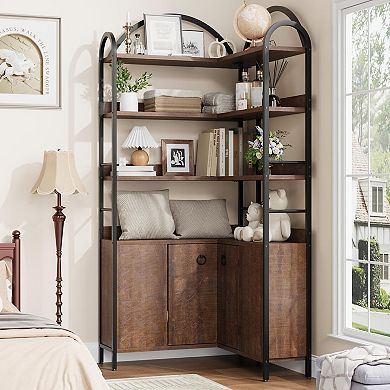 6-Tier Corner Bookshelf, 74" Tall L-Shaped with Cabinet & Doors, Rustic for Living Room/Office