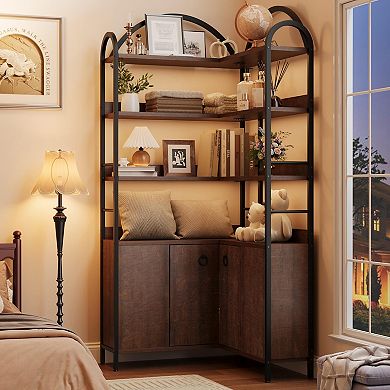 6-Tier Corner Bookshelf, 74" Tall L-Shaped with Cabinet & Doors, Rustic for Living Room/Office