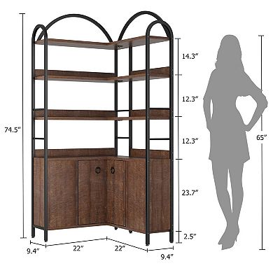 6-Tier Corner Bookshelf, 74" Tall L-Shaped with Cabinet & Doors, Rustic for Living Room/Office