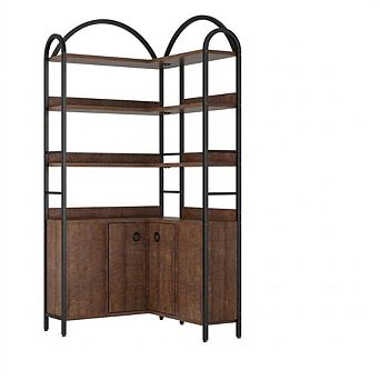 6 tier Corner Bookshelf, 74" Tall L-Shaped with Cabinet & Doors, Rustic for Living Room/Office