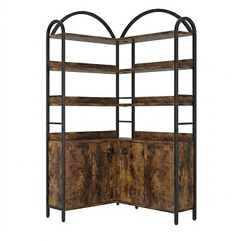 6 tier Corner Bookshelf, 74" Tall L-Shaped with Cabinet & Doors, Rustic for Living Room/Office