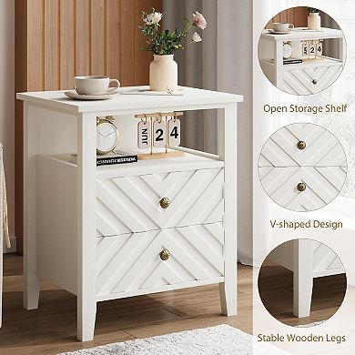 Rustic Farmhouse Bedside Table with LED Light 2 Drawers, V-Shaped Design, Open Shelf