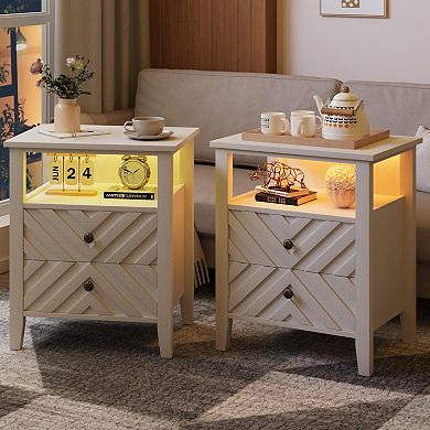 Rustic Farmhouse Bedside Table with LED Light 2 Drawers, V-Shaped Design, Open Shelf