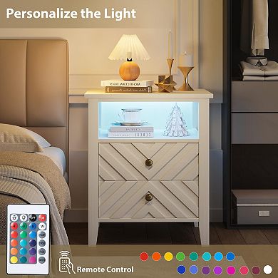 Rustic Farmhouse Bedside Table with LED Light 2 Drawers, V-Shaped Design, Open Shelf