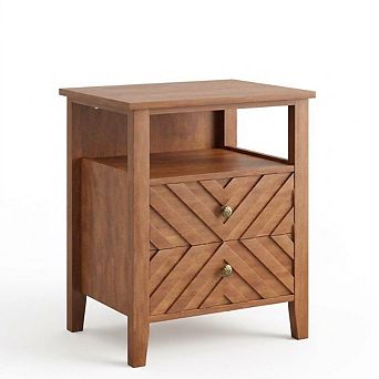 Rustic Farmhouse Bedside Table with LED Light 2 Drawers, V-Shaped Design, Open Shelf