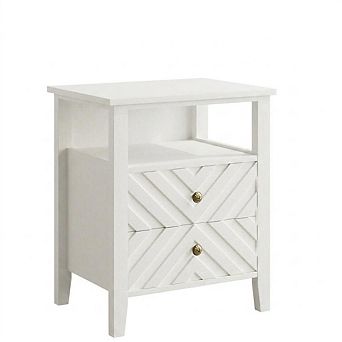 Rustic Farmhouse Bedside Table with LED Light 2 Drawers, V-Shaped Design, Open Shelf