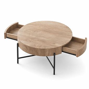 Round Coffee Table with 2 Drawers, Farmhouse Wood Look, Metal Frame