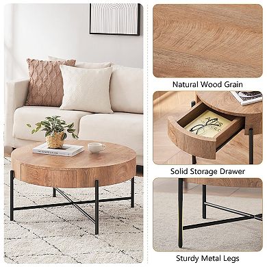 Round Coffee Table with 2 Drawers, Farmhouse Wood Look, Metal Frame