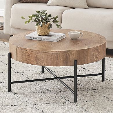 Round Coffee Table with 2 Drawers, Farmhouse Wood Look, Metal Frame