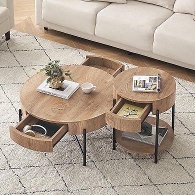 Round Coffee Table with 2 Drawers, Farmhouse Wood Look, Metal Frame