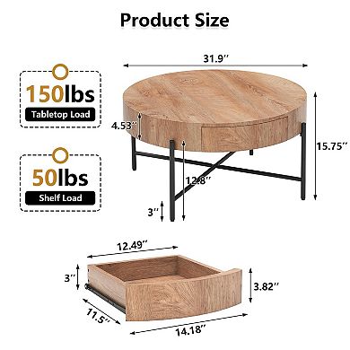 Round Coffee Table with 2 Drawers, Farmhouse Wood Look, Metal Frame