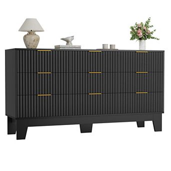 9 Drawer Fluted Dresser, Modern Wooden Chest of Drawers with Metal Handle, Clothes Storage Organizer
