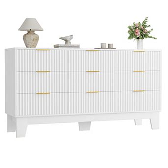 9 Drawer Fluted Dresser, Modern Wooden Chest of Drawers with Metal Handle, Clothes Storage Organizer