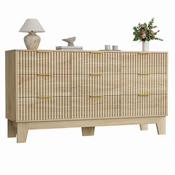 9 Drawer Fluted Dresser, Modern Wooden Chest of Drawers with Metal Handle, Clothes Storage Organizer