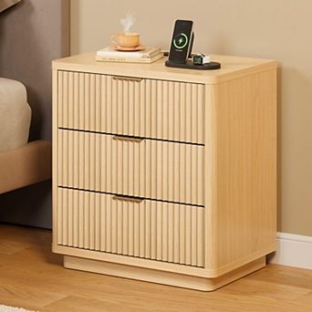 3 Drawers Nightstand Fluted Bedside Table With Outlet,Wood Night Stand with Storage